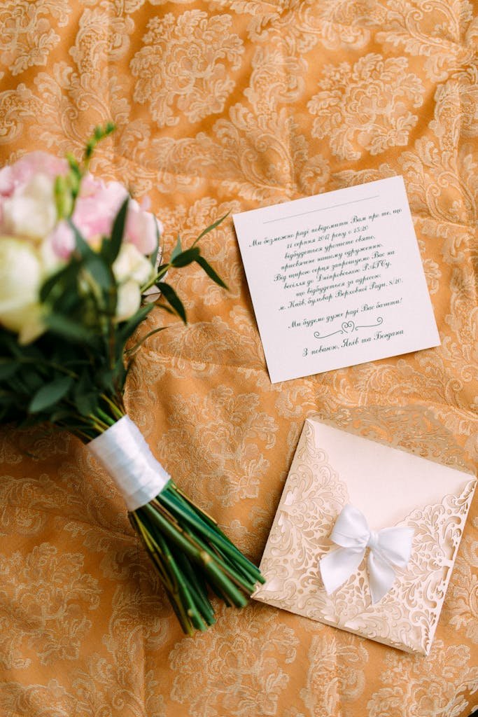A flat lay of a bridal bouquet and wedding invitation on floral fabric, ideal for wedding themes.